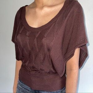 Windsor Brown Knit Sweater Top L Open Back Short Butterflies Sleeves Scoop Neck